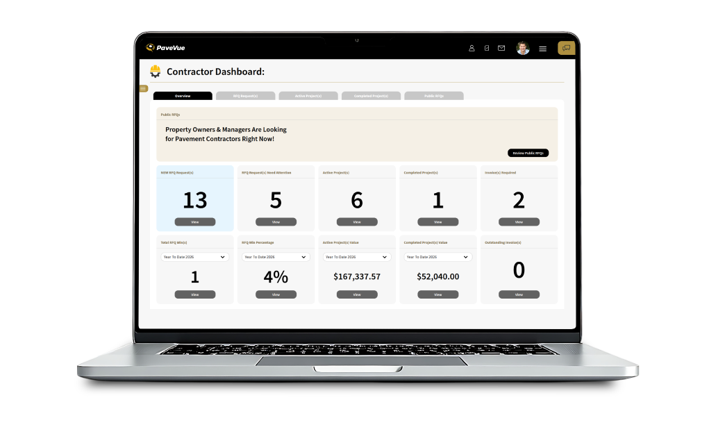 PaveVue contractor portal on a laptop